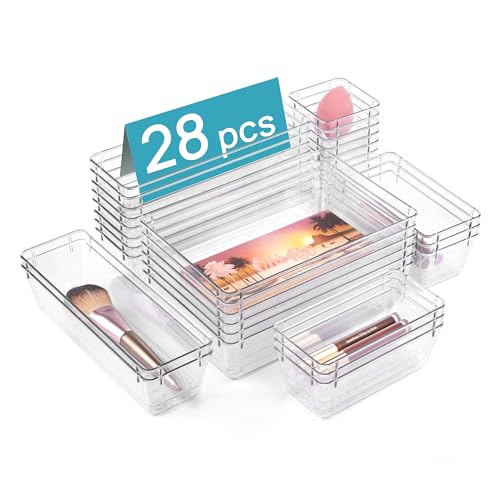 Vtopmart 66 PCS Clear Plastic Drawer Organizer Bins, 4-Size Versatile Bathroom and Vanity Organizer Trays, Acrylic Storage Containers for Makeup, Jewelry, Toiletry, Kitchen Utensils and Office Supply