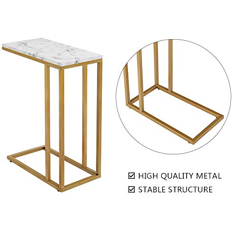 C-Shape Side End Table, Faux Marble Tray Snack Table with Metal Frame, Laptop Coffee Holder, Modern Furniture (Silver)