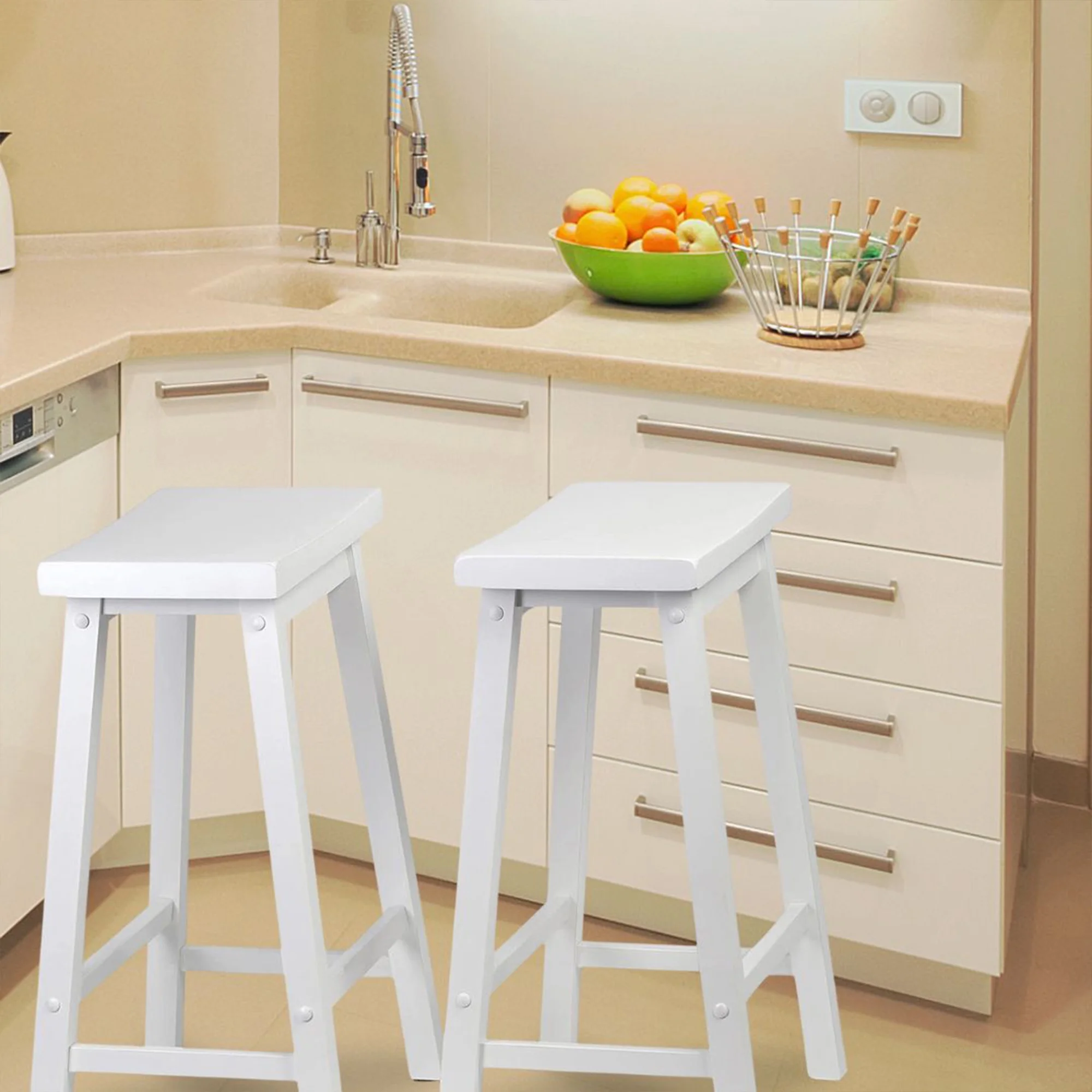 PJ Wood Classic Saddle-Seat 24In Kitchen Counter Stools, White, Set of 2