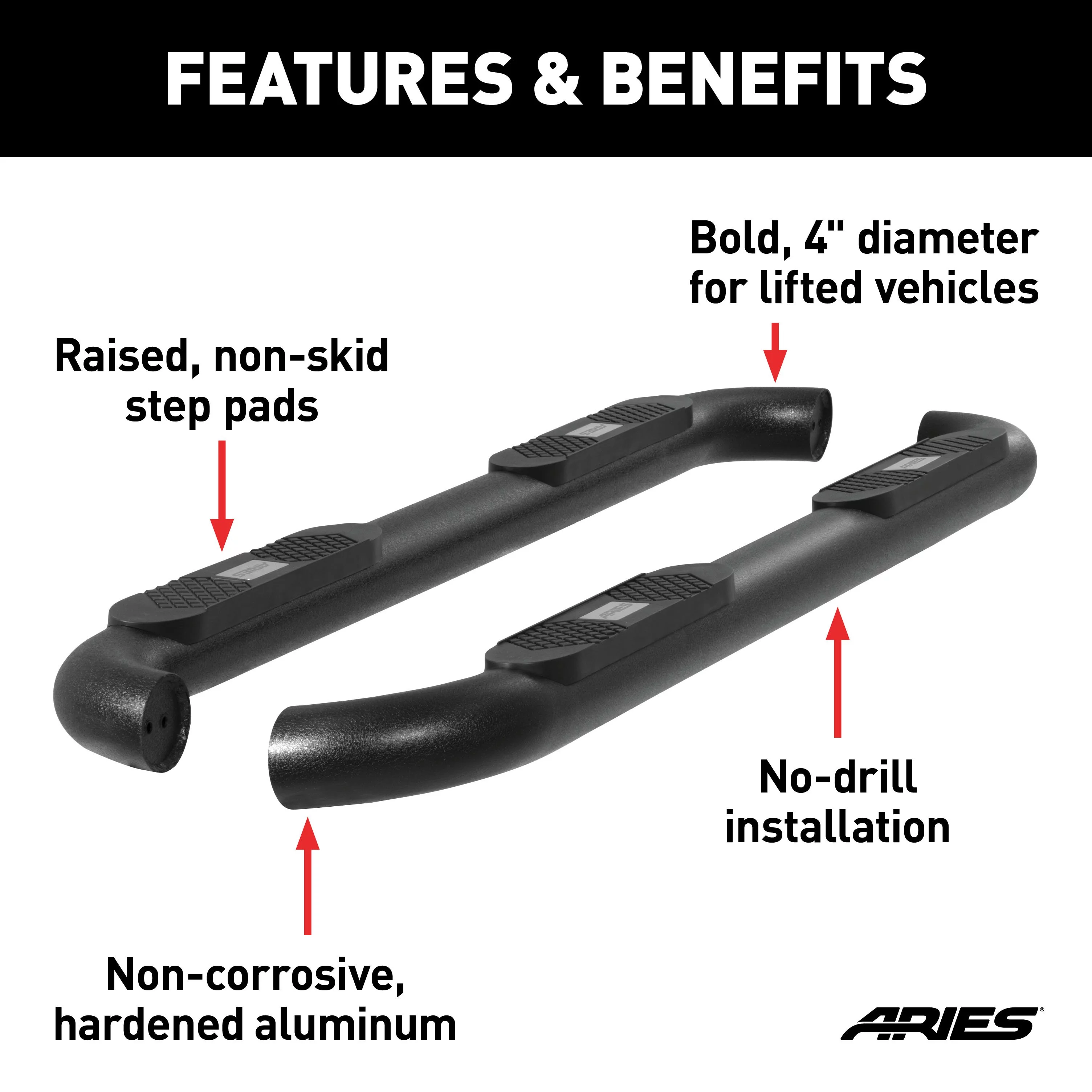 ARIES AL235041 Big Step 4-Inch Round Black Aluminum Nerf Bars, Select Dodge, Ram 1500, 2500, 3500
