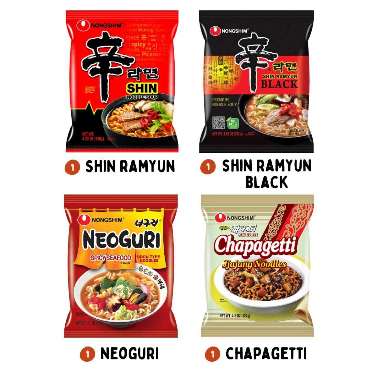 Nongshim Variety Pack Ramen, Shin Ramen, Shin Black Ramen, Neoguri, Chapagetti Noodle 4.5 Ounce (Pack of 4) - Korean Ramen Gift Set KFoods BTS Challenge