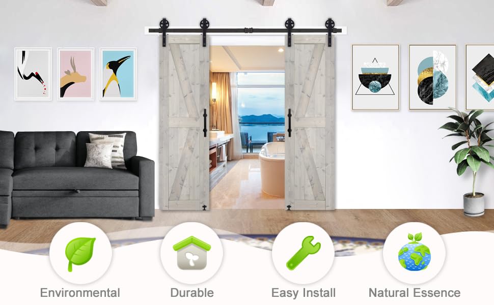 S&Z TOPHAND 36 in. x 84 in. Unfinished British Brace Knotty Barn Door with 6.6FT Sliding Door Hardware Kit/Solid Wood/Sliding Door/Double Surfaces/A Simple Assembly is Required (36, Door+J Shape)