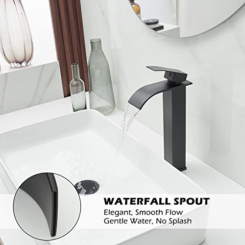 BWE Vessel Sink Faucet Modern Waterfall Chrome Single Hole Bathroom Faucet Single Handle with Pop up Drain Without Overflow Assembly Vanity Basin Bath Sink Faucets Mixer Tap
