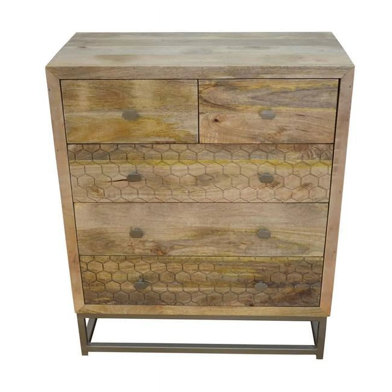 Harlow 5 Drawer Dresser Solid Wood Natural Finish on Brass-Finished Iron Frame