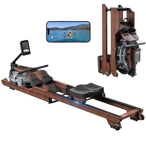 Dripex Rowing Machines for Home Foldable, Water Rowing Machine Max 350 LBS, Water Rower with Smooth Slide Rail, Comfortable Seat, Bluetooth App Supported, LCD Monitor, Wooden Row Machine for Home Gym
