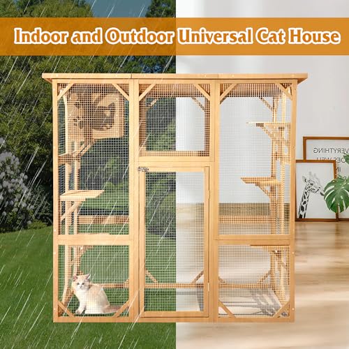 Grepatio Cat Enclosure Large Outdoor Catio Wooden Cat House with Weatherproof, Cat Cage Condo Indoor Playpen with Platform and Small House (Grey)