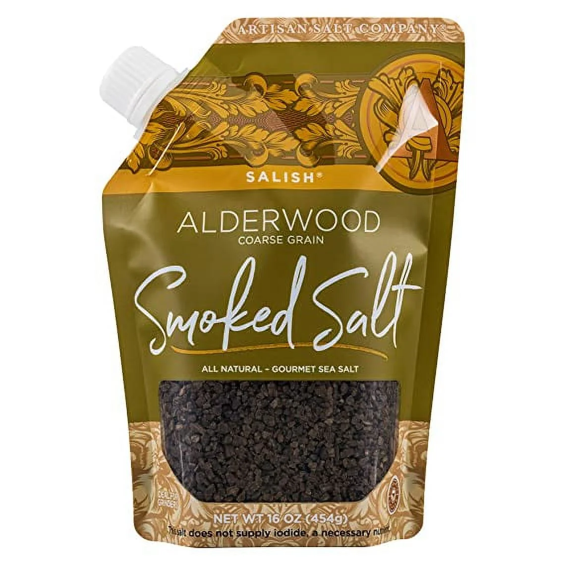 Artisan Salt Company Salish Alderwood Smoked Sea Salt, Coarse Grain, Pour Spout Pouch, 16 Ounce