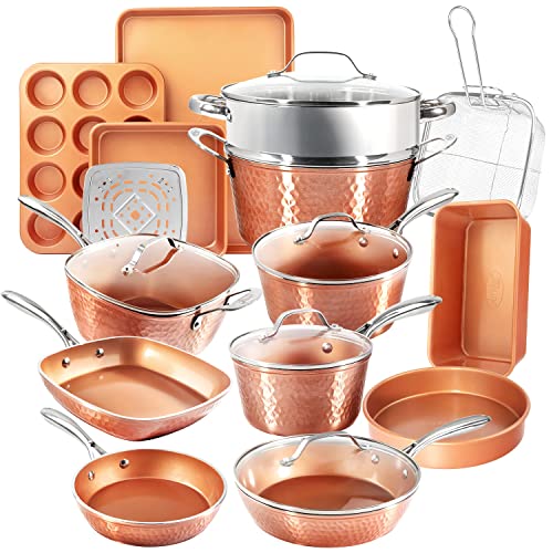 Gotham Steel Hammered 15 Pc Copper Pots and Pans Set Non Stick, Kitchen Cookware Sets, Pot and Pan Set, Ceramic Cookware Set, Non Toxic Cookware Set, Non Stick Pots and Pan Set, Dishwasher Safe…