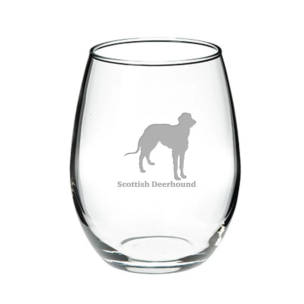 Scottish Deerhound Deep Etched Stemless Red Wine Glass