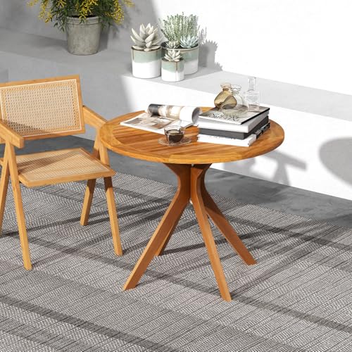 Tangkula Round Bistro Table, Indoor Outdoor Coffee Table w/Solid Structure, Slatted Tabletop, Stable Legs, 35.5” Wood Dining Table for Patio, Garden, Poolside, Backyard, Easy Assembly, Natural