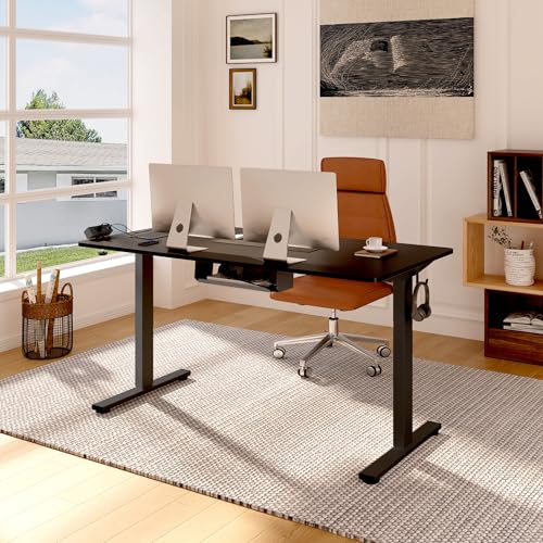 FLEXISPOT EN2 Whole-Piece Standing Desk with Clamp Power Strip, 55 x 28” Electric Stand Up Height Adjustable Desk with Cable Management (Black Frame + 55