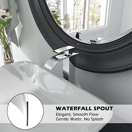 BWE Vessel Sink Faucet Modern Waterfall Chrome Single Hole Bathroom Faucet Single Handle with Pop up Drain Without Overflow Assembly Vanity Basin Bath Sink Faucets Mixer Tap