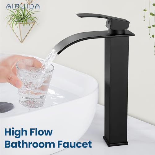 Airuida Brushed Gold Tall Waterfall Bathroom Vessel Sink Faucet Modern Bathroom Vanity Faucet Single Handle Single Hole Farmhouse Bar Mixer Tap Washbasin Faucet Deck Mount