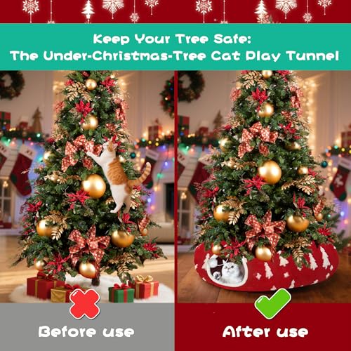 LUCKITTY Christmas Snowflake Print Cat Tunnel Under Tree, Velvet-Touch Jacquard Fabric with Hanging Plush Ball, 10-Inch Diameter 3-Ft Wide Round Pet Tube - Plush & Festive Cat Diversion Red