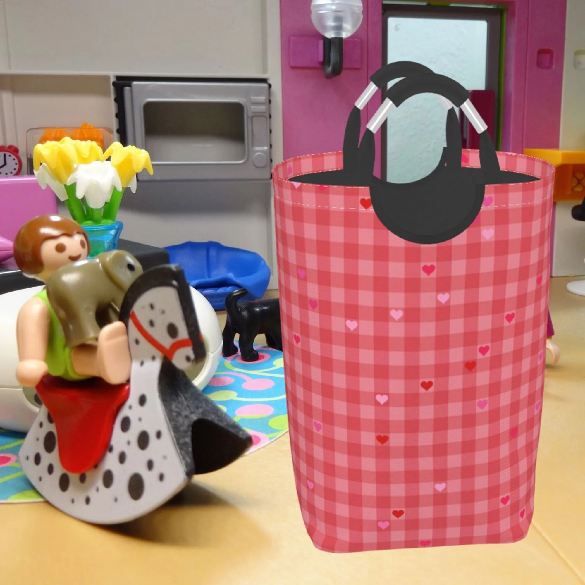 TEQUAN 50L Large Rectangular Laundry Hamper with Aluminum Handles, Red Hearts Love Checkered Prints Waterproof Foldable Dirty Clothes Basket