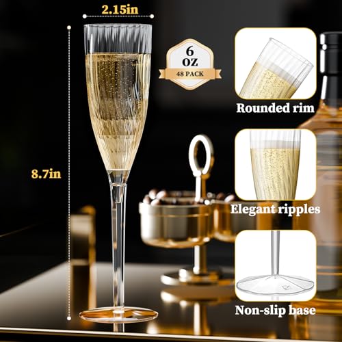 GuanQiao 16 Pack Clear Champagne Flutes, 6oz Disposable Wine Glasses with Long Stem, Reusable Plastic Cocktail Glasses for New Years Eve Party Birthday Wedding Celebration Toasting Drinking