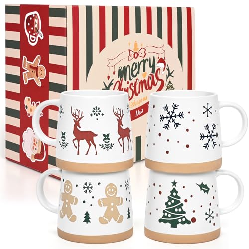 Maustic Christmas Mugs Set of 4, Holiday Coffee Mugs with Festive Christmas Themed Design, Hot Chocolate Hot Cocoa Cups, Family Gifts, 14 Oz