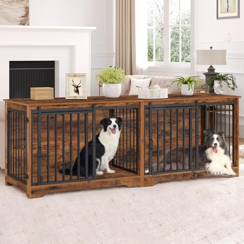 78 Inch Dog Cage Furniture for 2 Dogs, Extra Large Breed Double Dog Crate Furniture, XXL Thick Wooden TV Stand, Dog Kennel Furniture with Divider, End Side Table, Anti-Chew, Rustic Brown