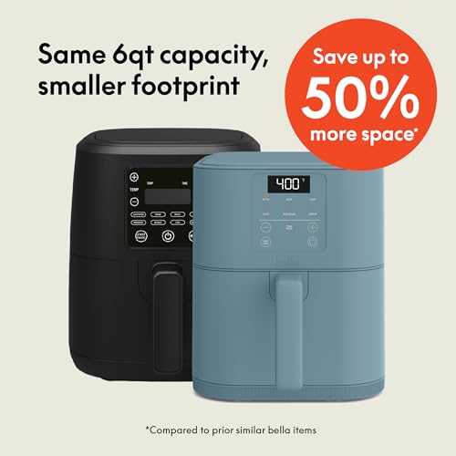 bella 4Qt Slim Air Fryer, Fits-anywhere™ Kitchenware, EverGood™ Ceramic Nonstick Coating, Adjustable Temperature, 6 Preset Cooking Options, 60 Min Auto Shutoff w Audible Tone, 3.3lb Capacity, Oatmilk