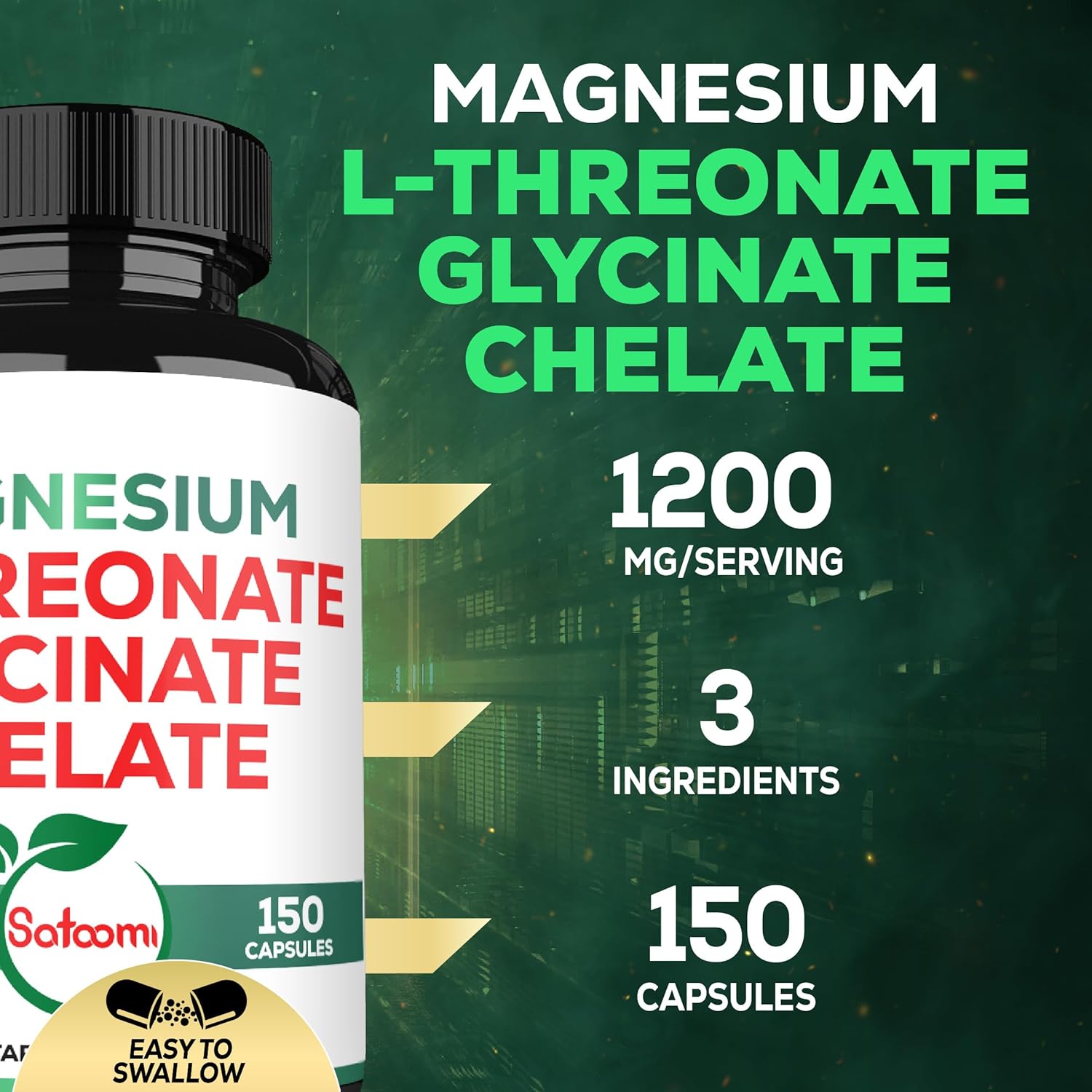 Satoomi 1200mg 3in1 Magnesium L-Threonate 500mg Supplement with Magnesium Glycinate 500mg & Magnesium Chelate 200mg - 150 Vegan Capsules