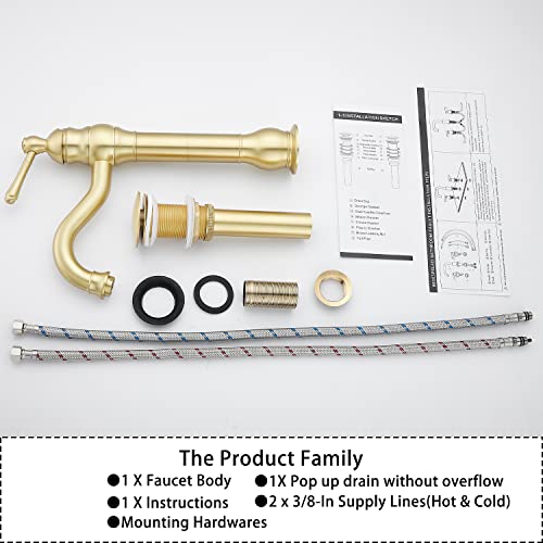 GGStudy 360° Swivel Antique Brass Bathroom Vessel Sink Faucet Single Handle One Hole Matching with Pop Up Drain