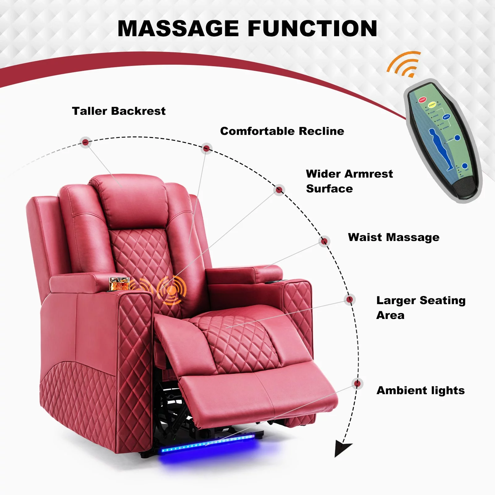 COMHOMA Massage Recliner Chair PU Leather Big Living Room Theater Sofa Chair with LED Light, Red