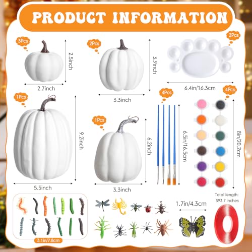 Roowest 7 Sets DIY 4 Size Large Fall Creepy Crawly Pumpkin Painting Kit Halloween Artificial Pumpkins Decorative Assorted White Foam Pumpkins Craft to Paint Fall Thanksgiving Party Favors Gifts