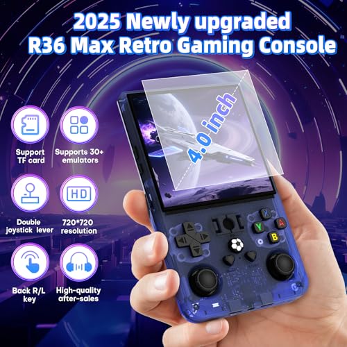 R36 Max Retro Gaming Console, Retro Handheld Console 4.0'' Screen Linux System, 64G TF Card, Support 30+ Simulators, 4000mAh Rechargeable Portable Pocket Arcade, Blue