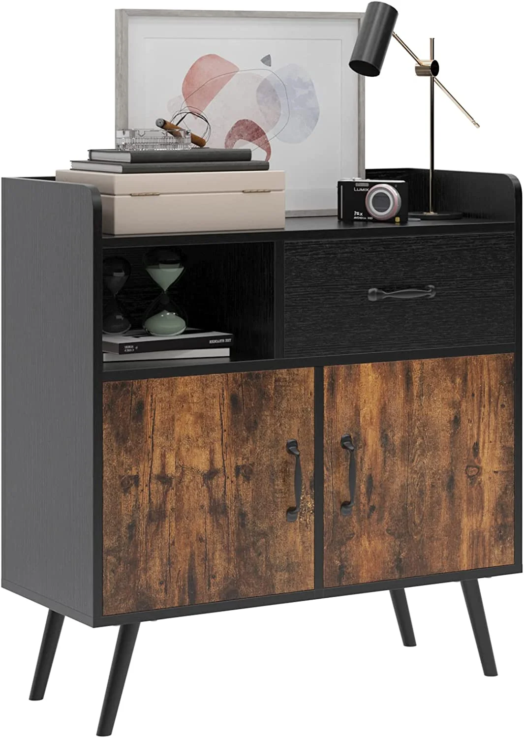 TJUNBOLIFE Cabinet with 1 Drawer 2 Doors 1 Open Shelves  Free Standing Cupboard with 4 Legs  Accent Side Cabinet  Wooden Sideboard  Organizer for Bedroom Home Office  FJGS-ST13WT