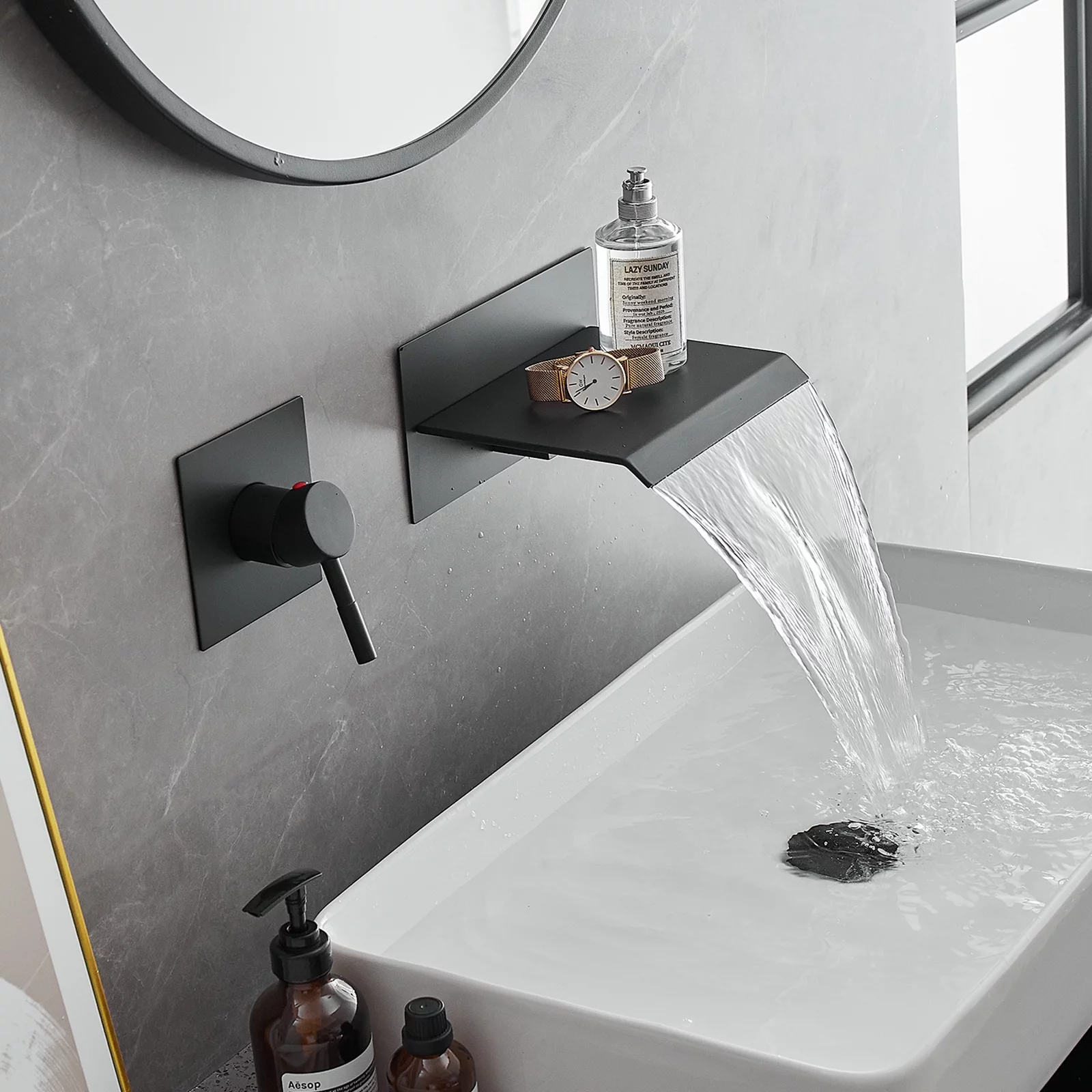 Single Handle Wall Mount Spout Waterfall Bathroom Faucet in Matte Black