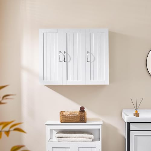 Yaheetech Bathroom Wall Cabinet with Three Doors, Medicine Cabinet with Adjustable Shelf, Hanging Storage Cupboard for Living Room, Laundry Room, Kitchen, White