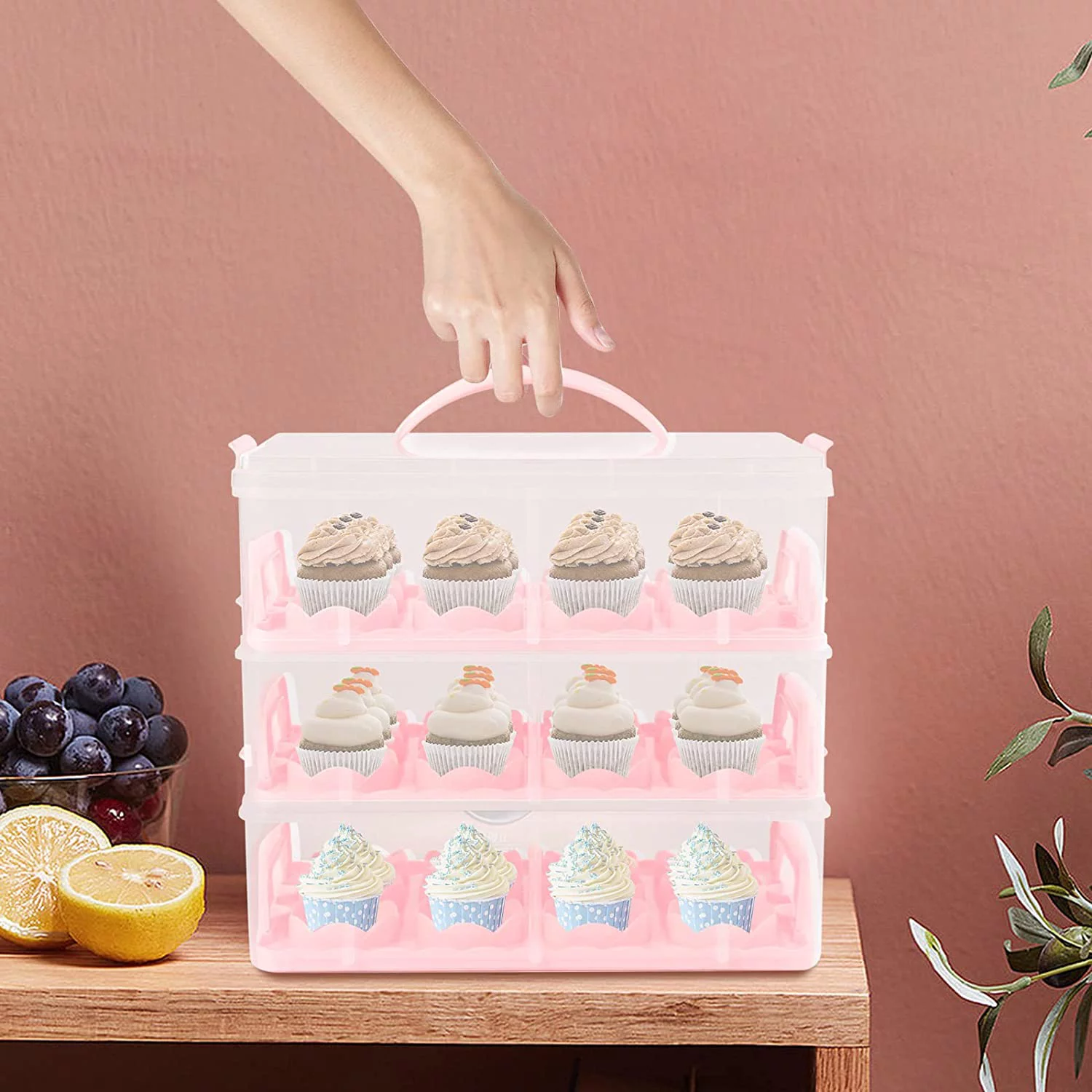 Miumaeov 36 Grid 3 Tier Cupcake Carrier Holder Egg Tart Rack Portable Fruit Transport Box Pink