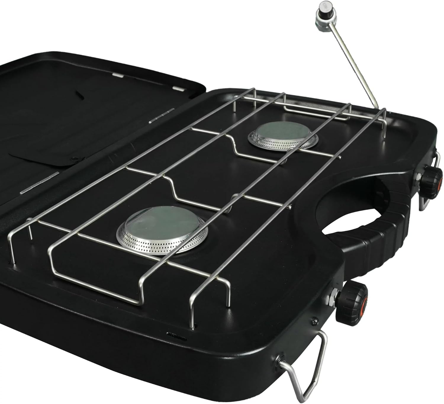 Ozark Trail 2 Burner Propane Gas Camping Stove, Black, Portable Dual Burner, Adjustable Temperature Control, Built-in Wind Guards, 20,000 BTU Heat Output, Ideal for Outdoor Camping