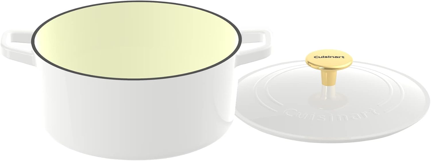 Cuisinart Chef's Classic Enameled Cast Iron 7-Quart Round Covered Casserole, Enameled White/Gold