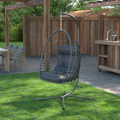Hanging Egg Chair with Stand Indoor Outdoor, Foldable Rattan Wicker Hammock Egg Swing Chair for Bedroom Porch Patio Garden, Thickened Cushion, 350LBS Capacity, Heavy Duty Frame