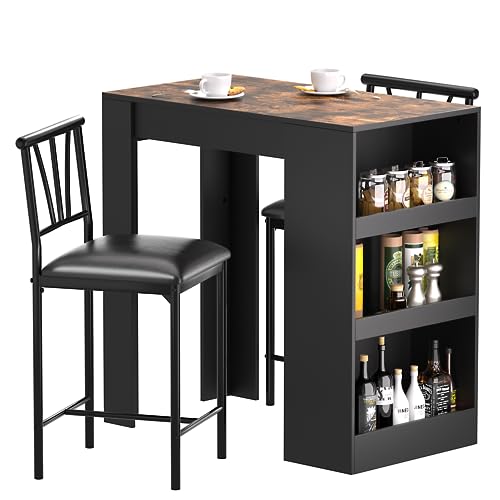 VECELO Small Bar Table and Chairs Tall Kitchen Breakfast Nook with Stools/Dining Set for 2, Storage Shelves, Space-Saving, Gray
