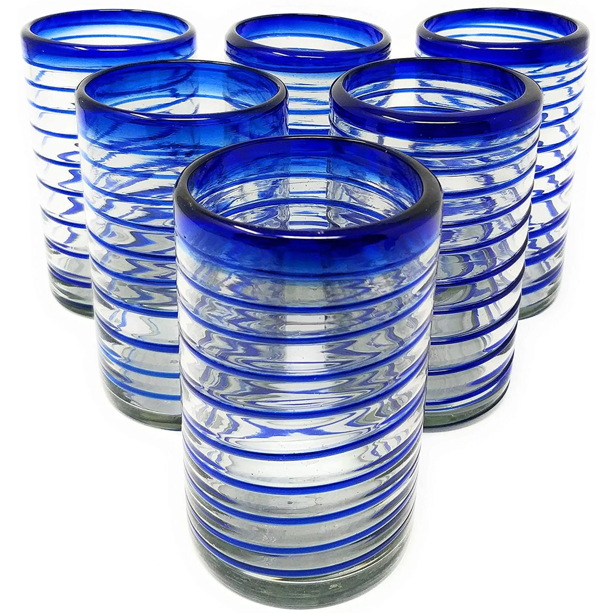 Hand Blown Drinking Glasses – Set of 6 Glasses with Blue Spiral Design 14 oz.