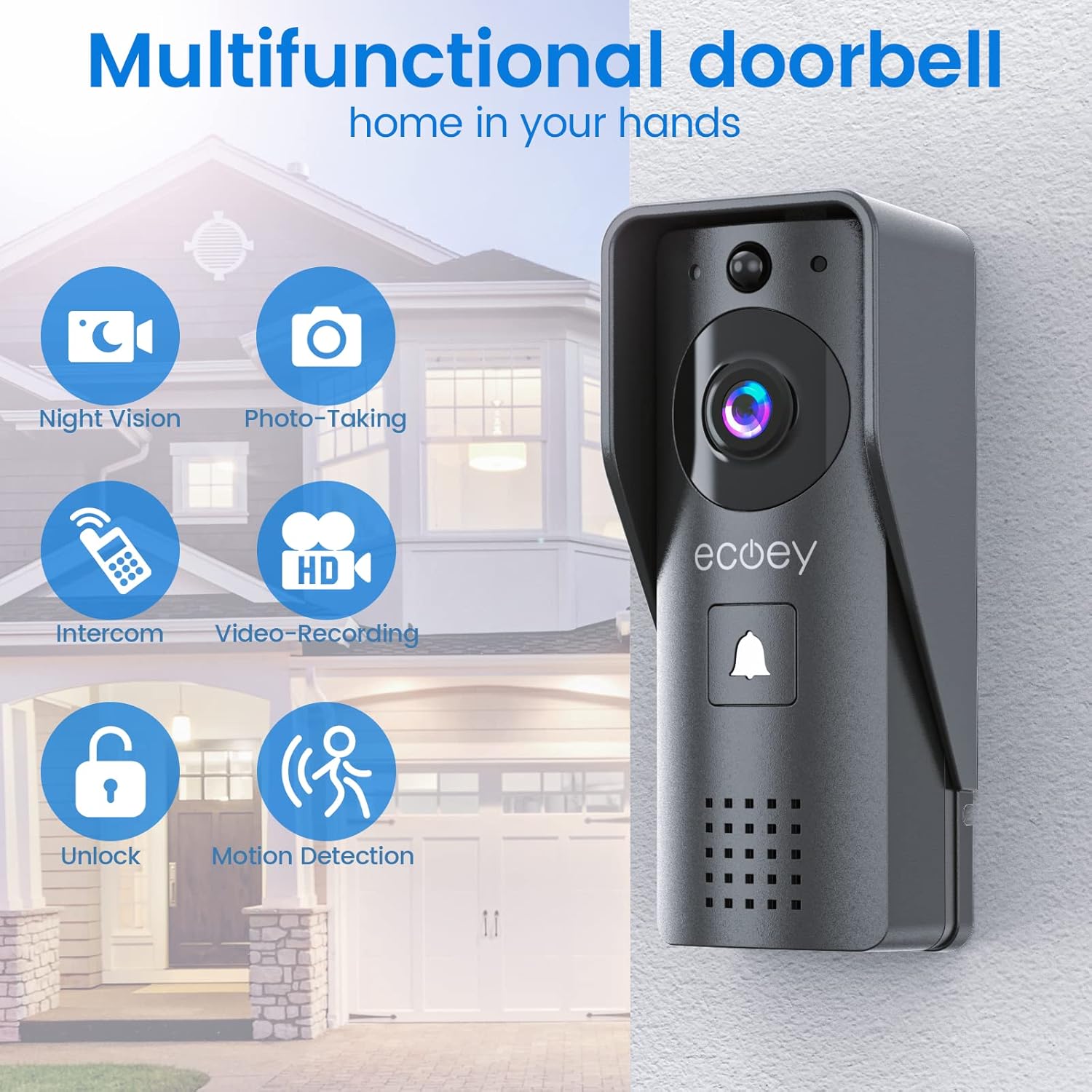 Ecoey Video Doorbell Camera, Smart Wi-Fi Doorbell Camera with Two-Way Audio, Video Doorbell with 1080P HD, PIR Motion Detection, Removable TF Card, Wireless Doorbell with Solar Energy, GW1002, 1PACK