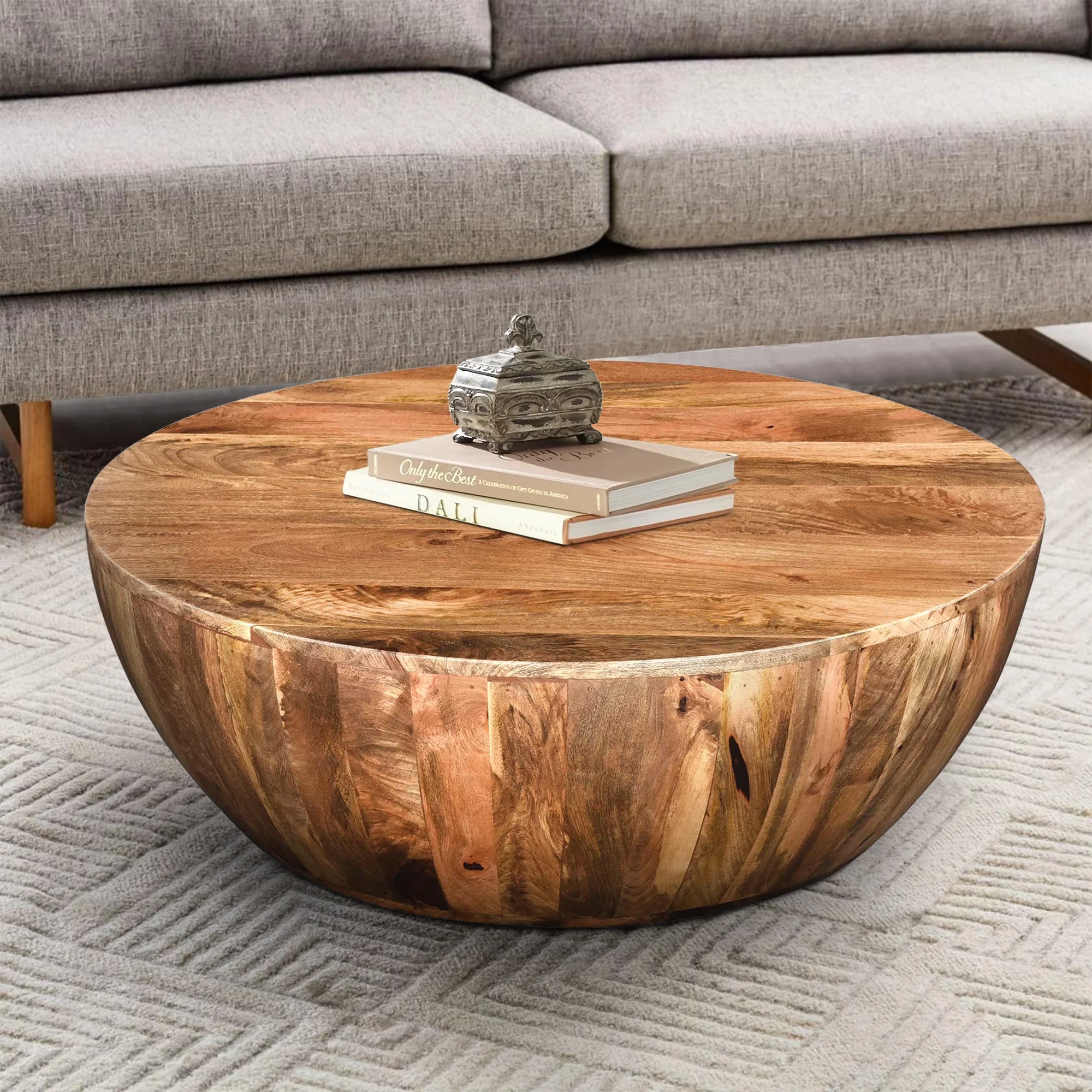 LANTRO JS Mango Wood Coffee Table In Round Shape Dark Brown