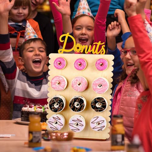 Reusable 12 Peg Donut Wall Stand for Party, Wooden Donut Display Board for Dessert Table Decoration (Wood)