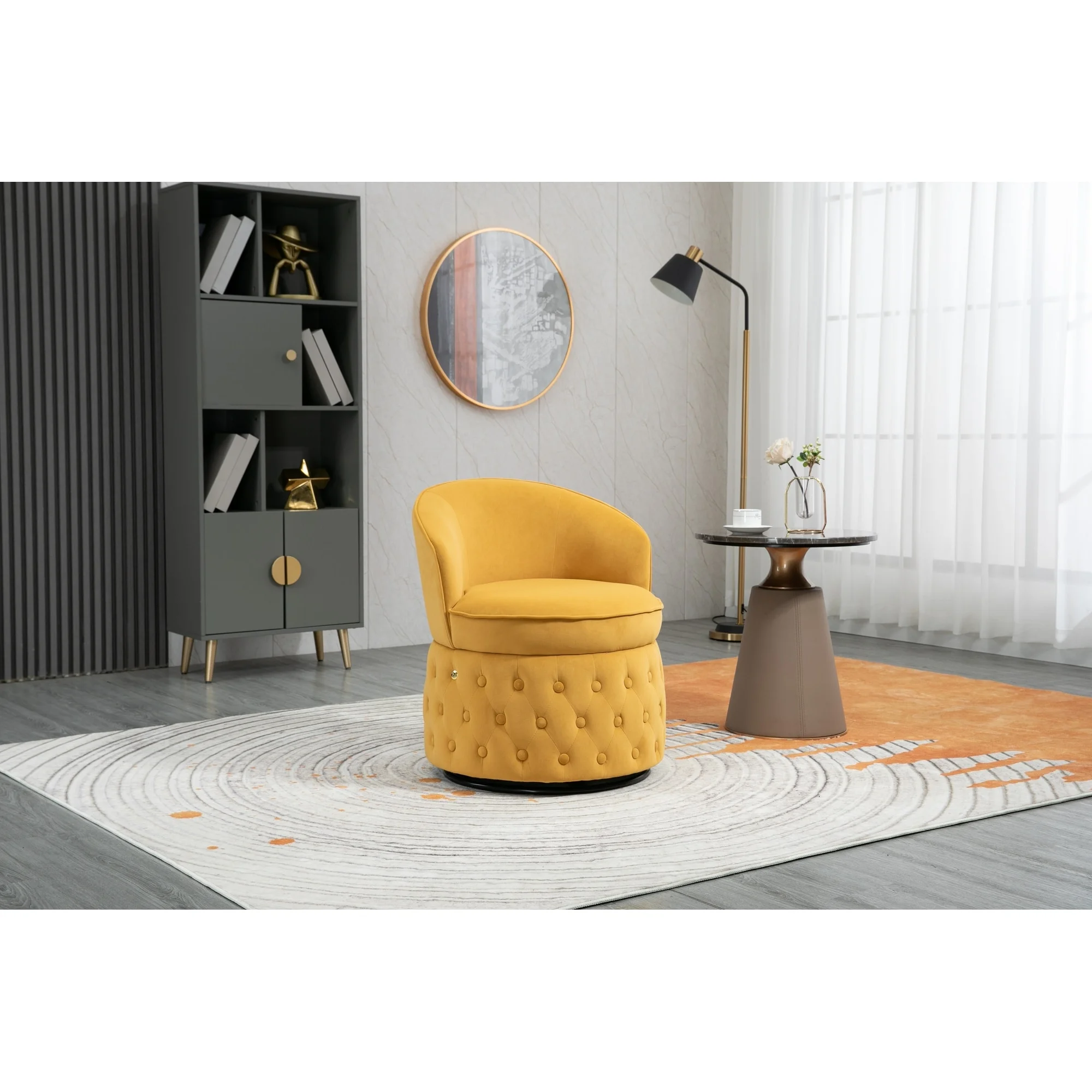 Velvet Upholstered 360 Degree Swivel Tufted Round Barrel Chair Yellow