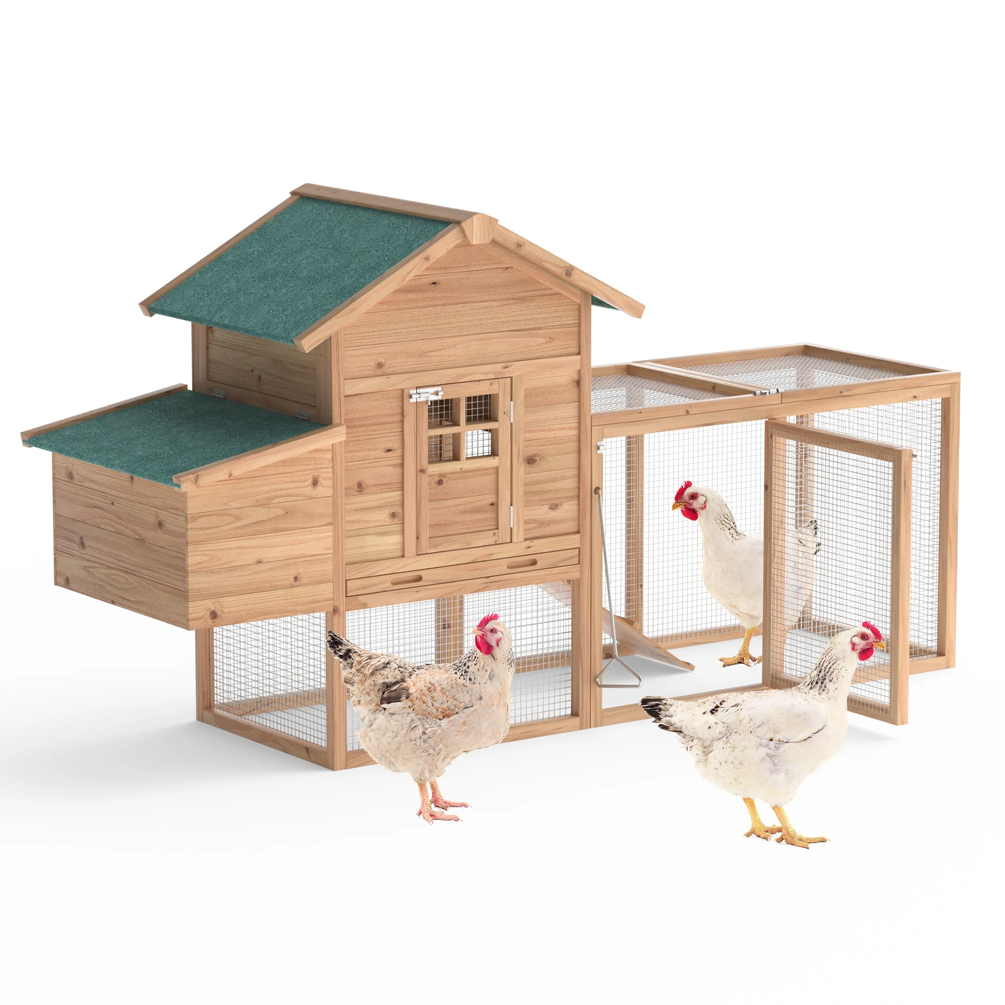 Wooden Chicken Coop, 80” Large Chicken Run 2 Tier Guinea Pig Pet House Outdoor with Pull Out Tray & Ramp Bunny Cage with Egg Box Rabbit Hutch with Lockable Door for Indoor Backyard
