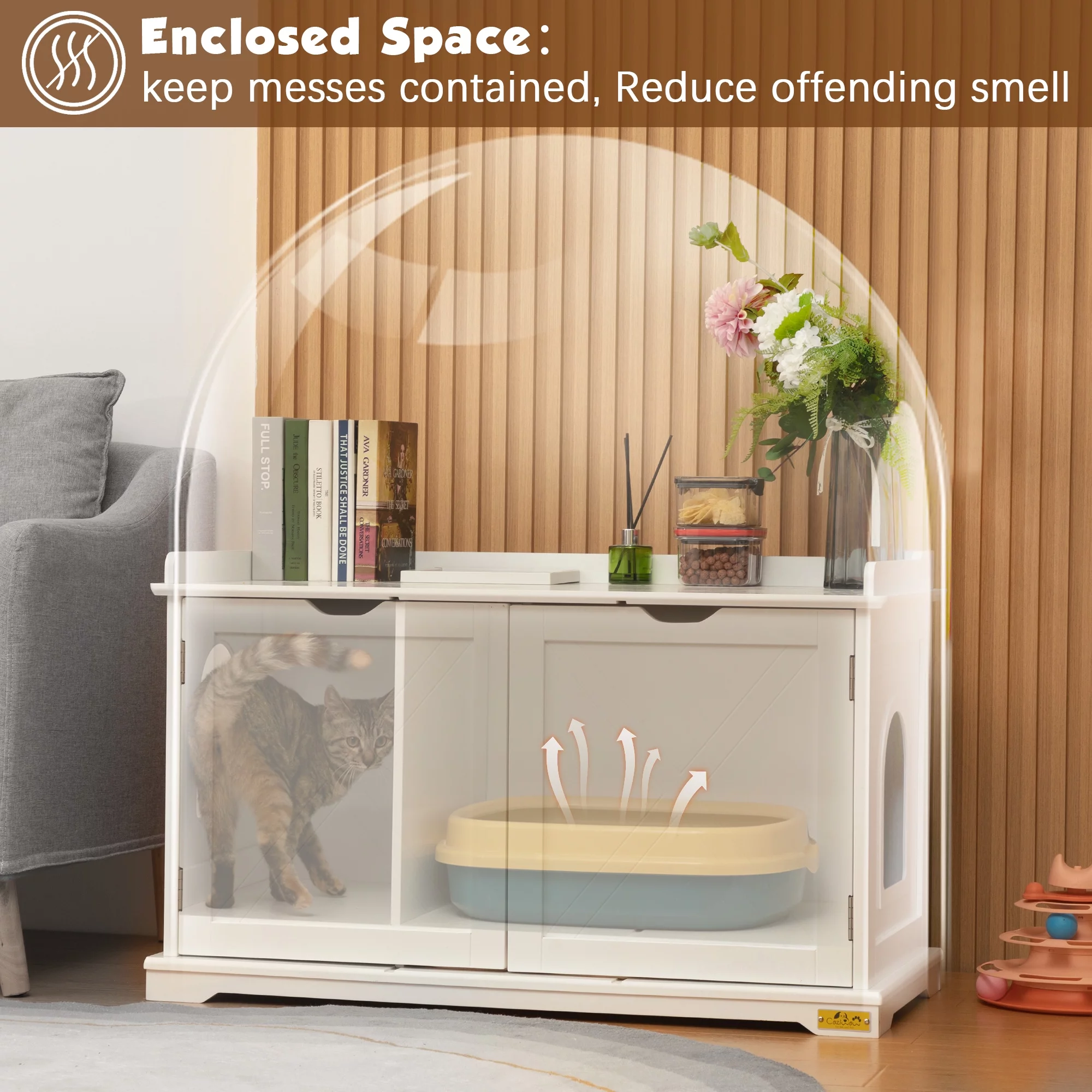 Coziwow Cat Litter Box Enclosure Washroom Storage Bench Cat House Furniture, White