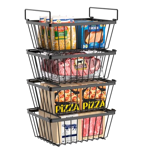 Freezer Organizers bins with Folding Handles，4 Pack Stackable Upright Freezer Organizers baskets for 5-7 Cu.Ft Deep Freezer Storage, Increased Space for Food Storage, Easy to access，Black