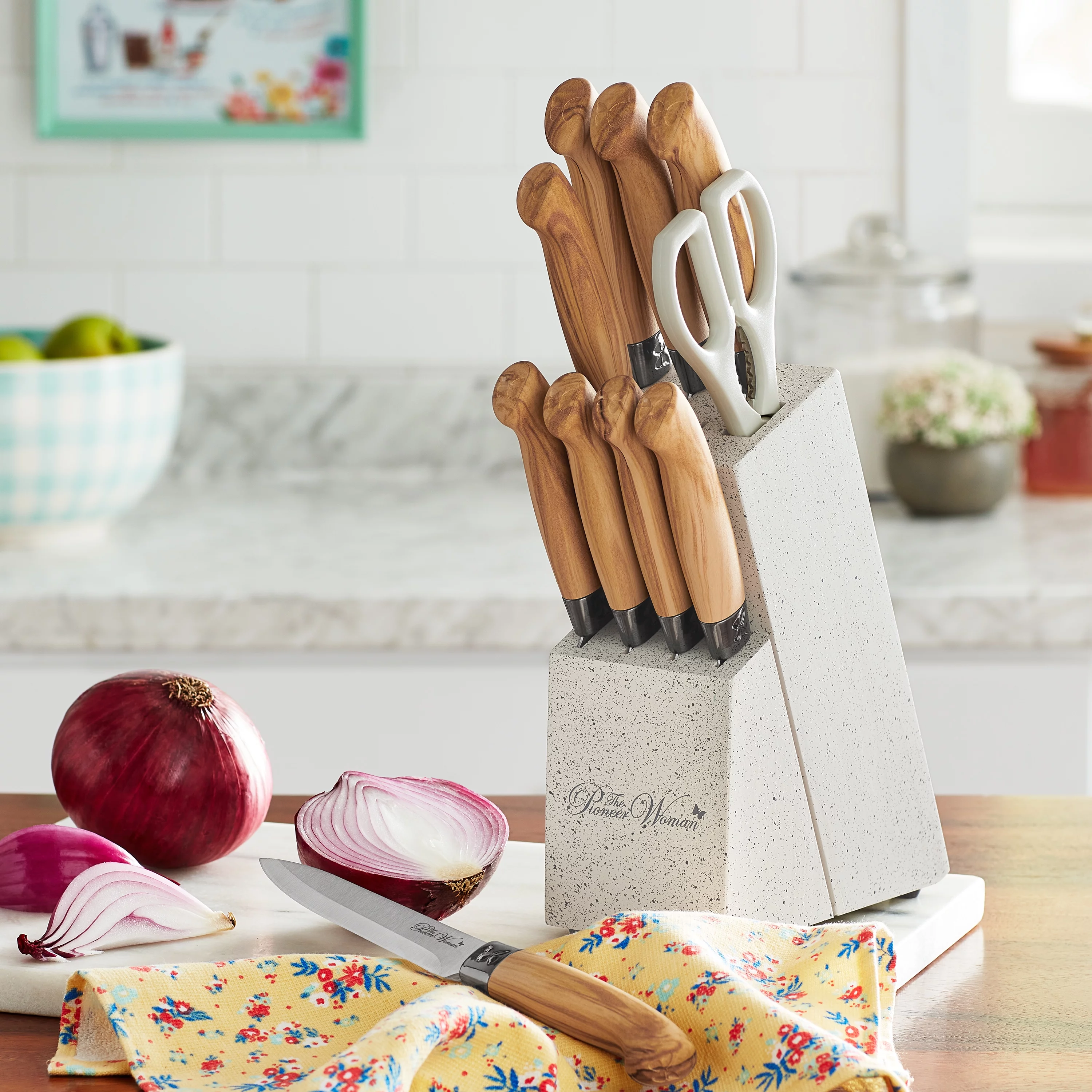 The Pioneer Woman 11-Piece Stainless Steel Knife Block Set, Linen Speckle
