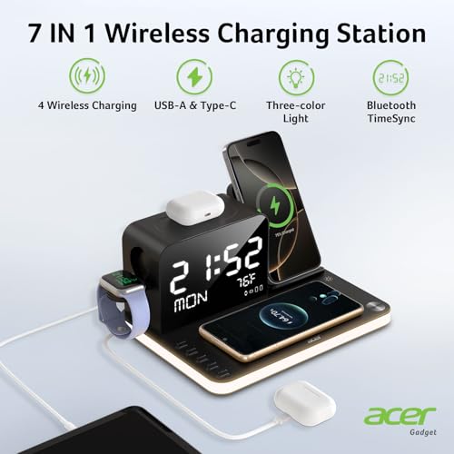 acer 7-in-1 Wireless Charging Station with Adjustable Brightness Night Light, Compatible with iPhone 16/15/14/13/12 All Series, Android Phones, AirPods, and iWatch, Fast Charger with Time Display