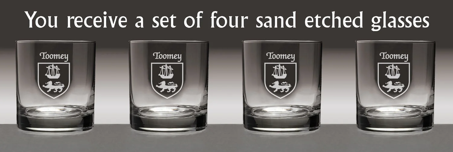 Toomey Irish Coat of Arms Tumbler Glasses - Set of 4 (Sand Etched)