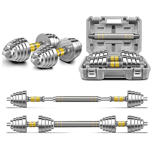 Adjustable Dumbbell Set - 44/66 LBS weights set, Dumbbell Barbell 3 in 1, Steel Dumbbells Pair with Connecting Rod for Adults Women Men Fitness Workout, Home Gym Exercise Training Equipment