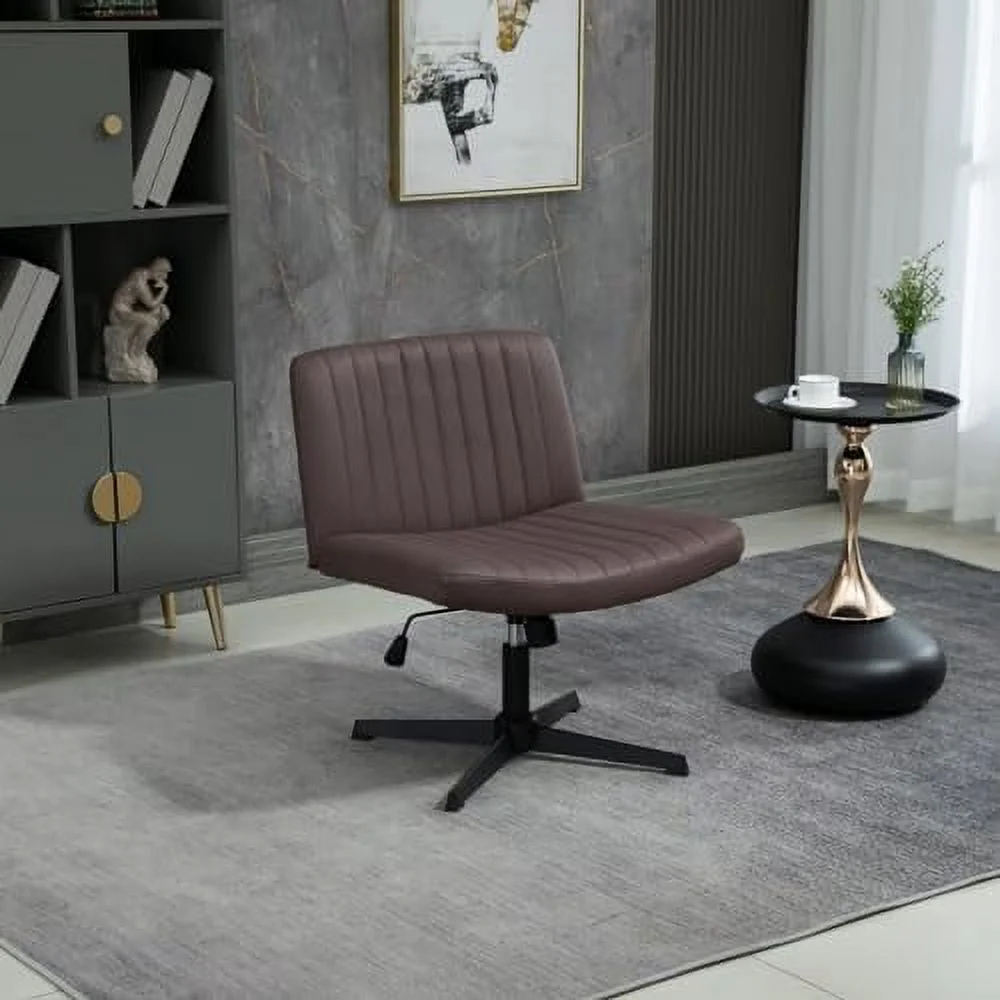 Armless Cross-Legged Desk Chair - No Wheels  PU Leather Wide Seat - Modern Upholstered Adjustable Swivel Chair with Metal Base for Home Office  Living Room  Bedroom  Vanity Makeup  Readin