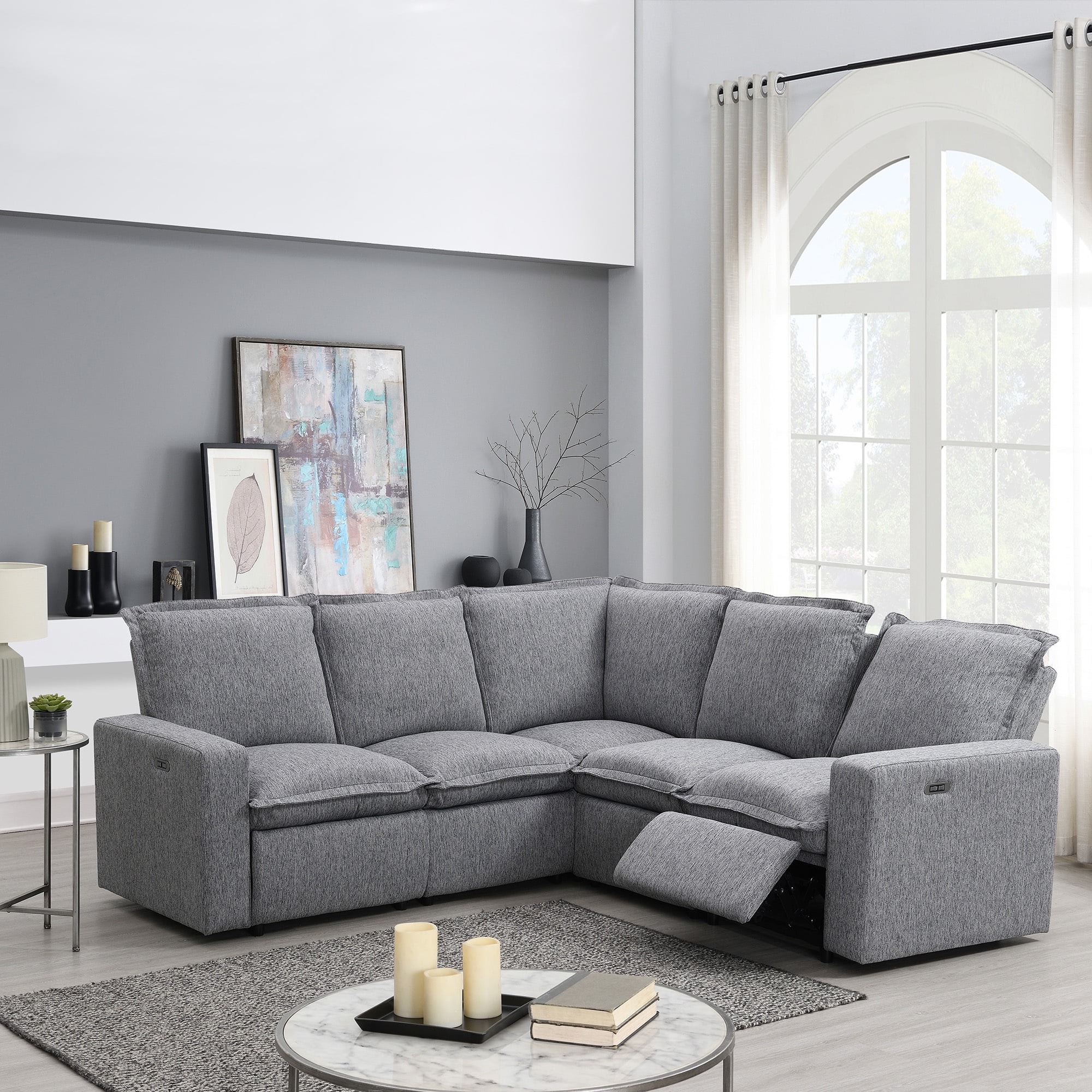 Euroco Power Recliner Sofa Set 5 Seat Sectional Sofa for Living Room with USB Port, Gray